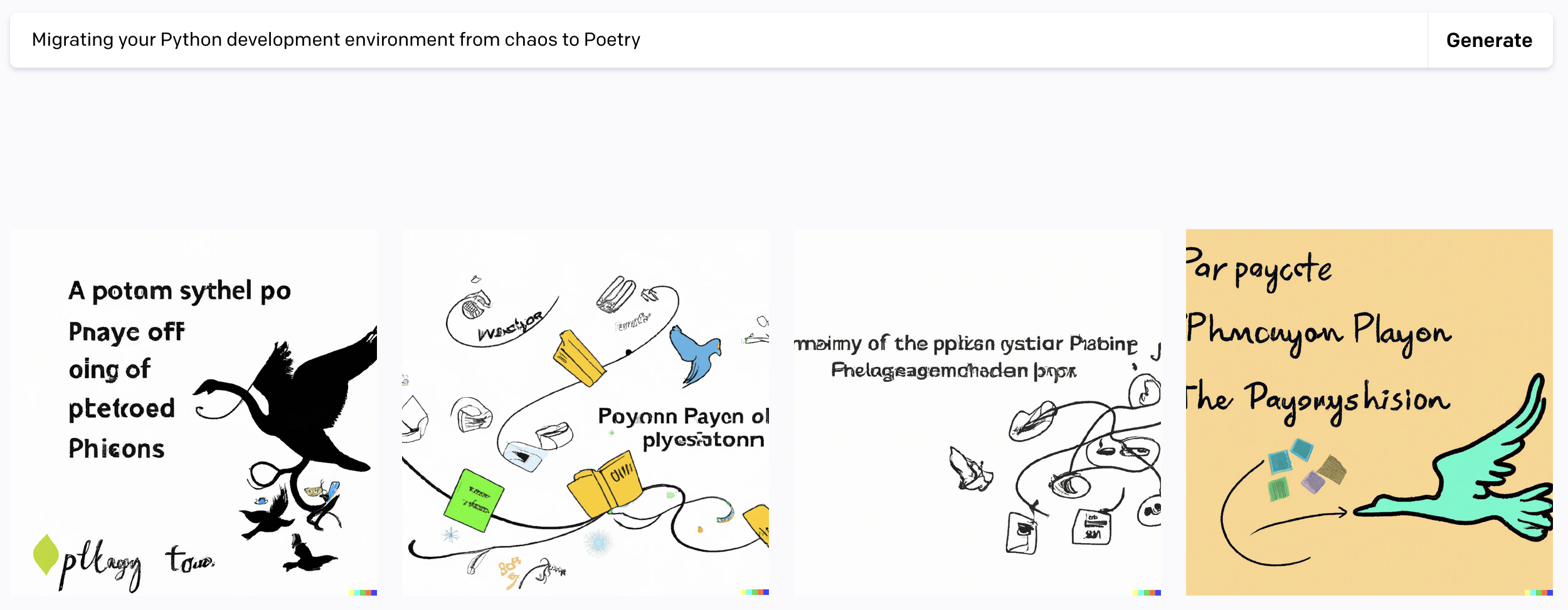 Dall-E image generation proposal for the prompt "Migrating your Python development environment from chaos to Poetry"
