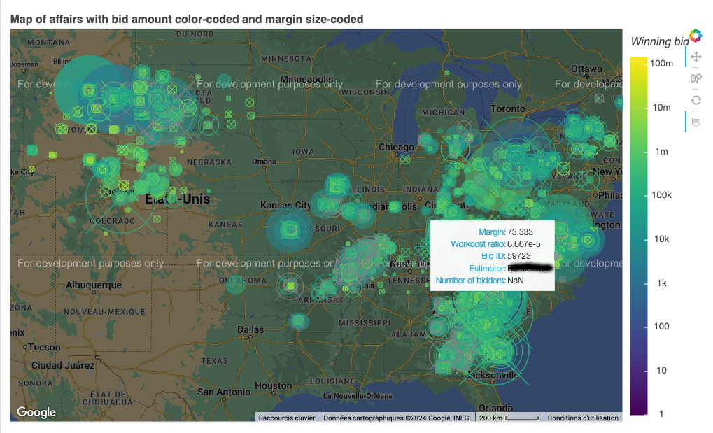 Screenshot of an interactive map displaying bid features